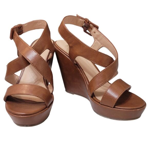 Cognac Leather Wedge Criss Cross Strap Sandal - Picture 1 of 5